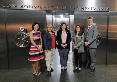 On May 24, 2022, Rep. Marci Mustello (R-Butler) toured Pennsylvania’s Treasury Vault under the Finance Building in the Capitol Complex. During her visit, she took a moment to pose for a photograph with House of Representative colleagues (from left) Reps. Leslie Rossi (R-Somerset/Westmoreland), Ann Flood (R-Northampton), Abby Major (R-Armstrong/Butler/Indiana), and Brian Smith (R-Jefferson/Indiana).